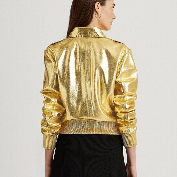 Ralph Lauren Gold Metallic Genuine Leather Bomber Jacket Women's Size P-Large - Picture 7 of 11